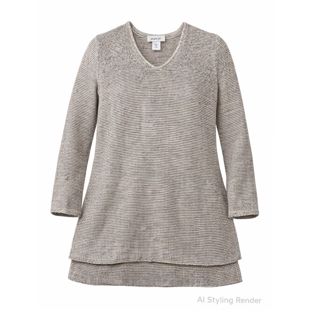 Pure jill Womens Petite‎ Med Knit Minimalist Sweater Tunic Speckled Beige V-Neck